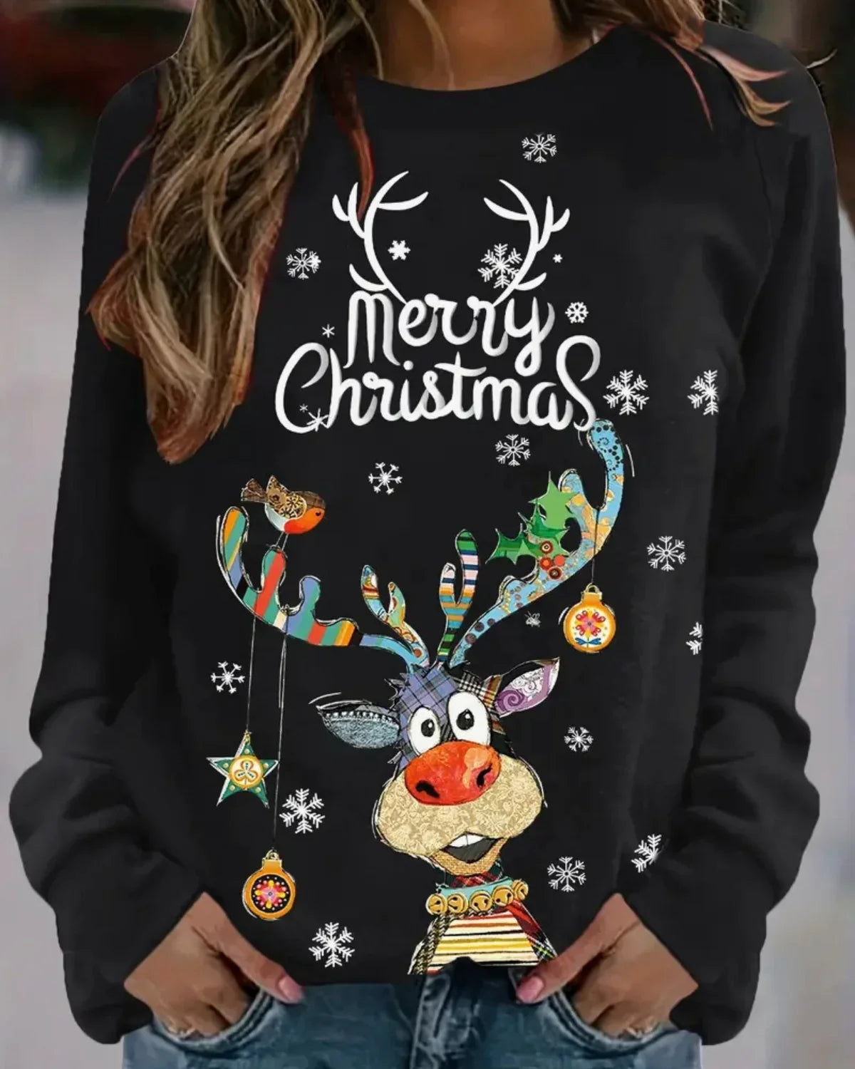 Dames Kersttrui – Feestelijke Trui met Rendierprint en Ronde Hals