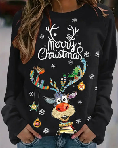 Dames Kersttrui – Feestelijke Trui met Rendierprint en Ronde Hals