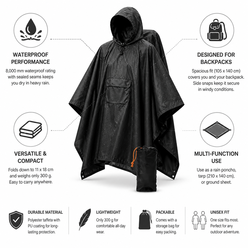 Regenrust – Ruime regenponcho met rugzakbescherming en opbergtas
