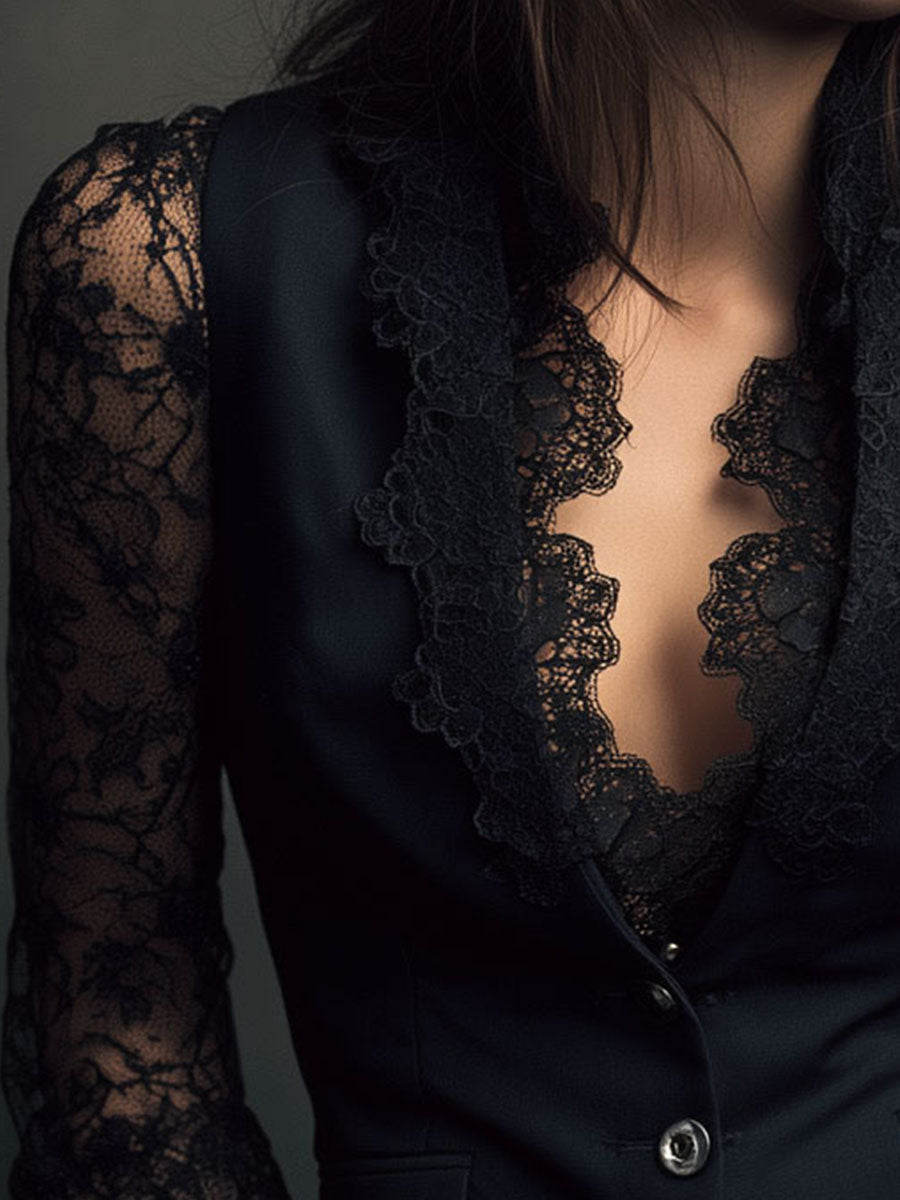 Elise Elegante Damesblazer met Kanten Mouwen – Verfijnde Look