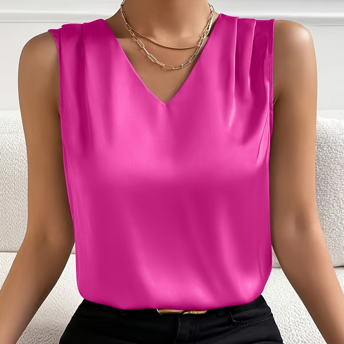 Dames Elegante Mouwloze V-hals Blouse voor Kantoor en Feest