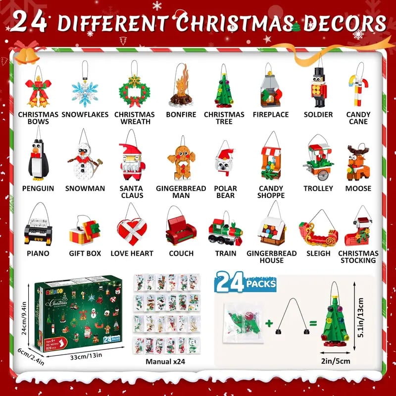 Kerstbouwpret – Adventskalender met 24 bouwsets voor kerstornamenten