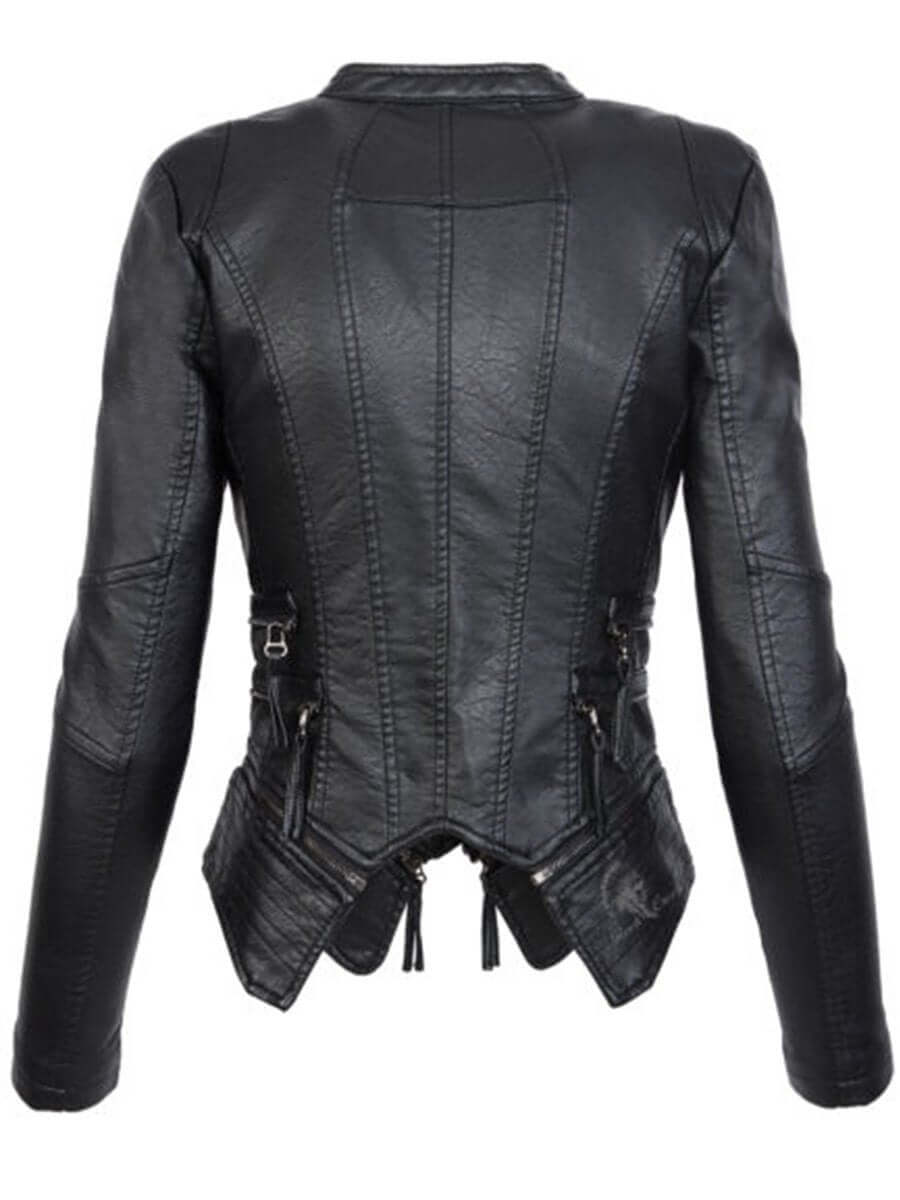 Dames Bikerjack Zwart met Asymmetrische Rits en Staande Kraag