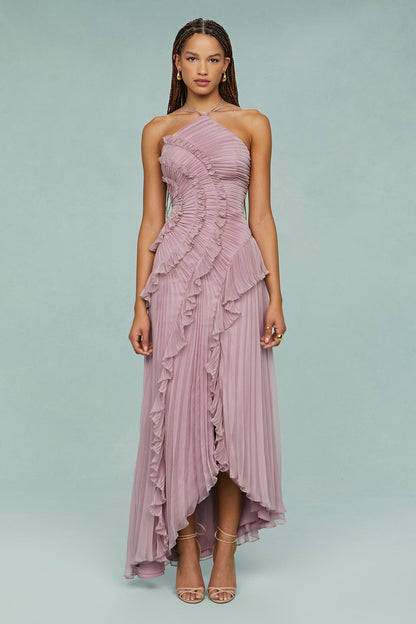 Paige | Dames Plissé Volant Halterneck Midi Jurk