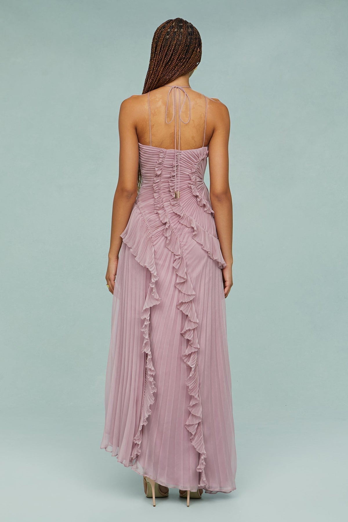 Paige | Dames Plissé Volant Halterneck Midi Jurk