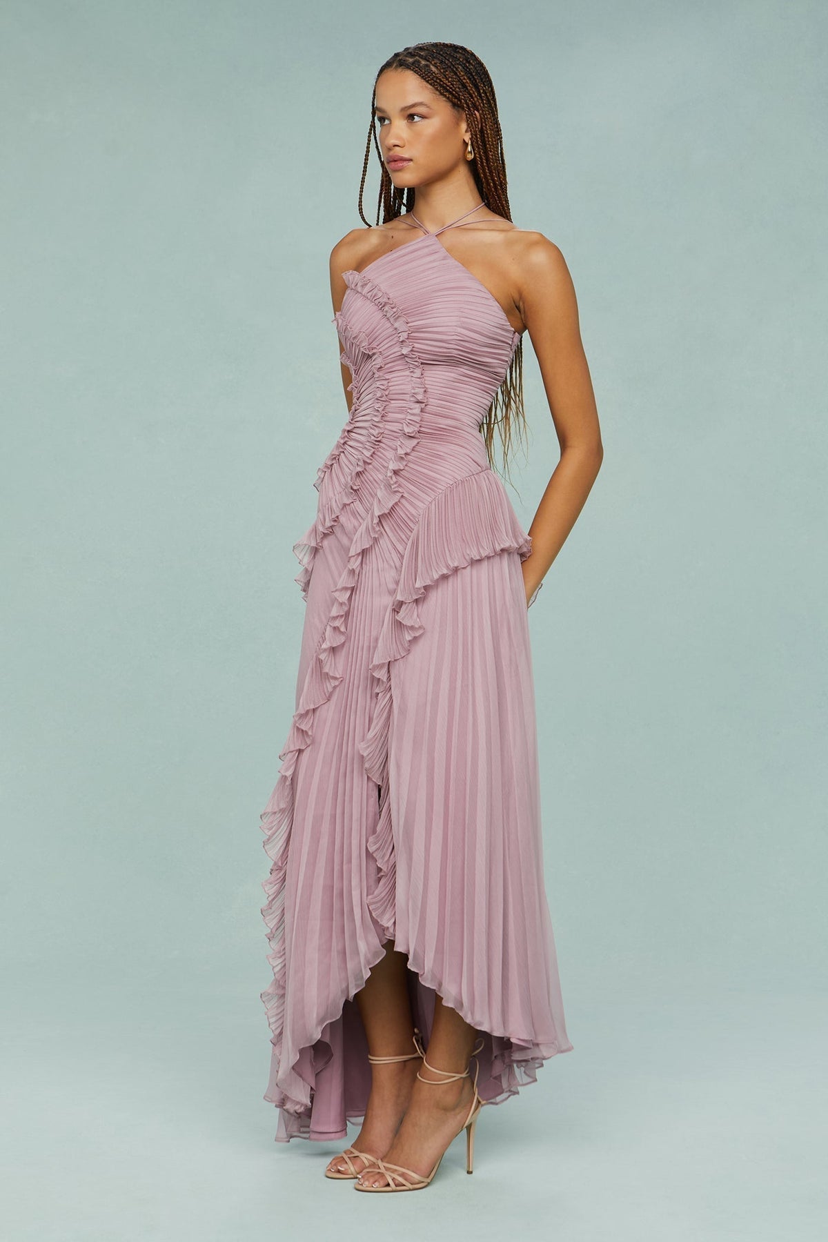 Paige | Dames Plissé Volant Halterneck Midi Jurk