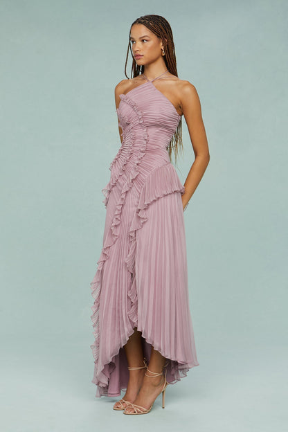 Paige | Dames Plissé Volant Halterneck Midi Jurk