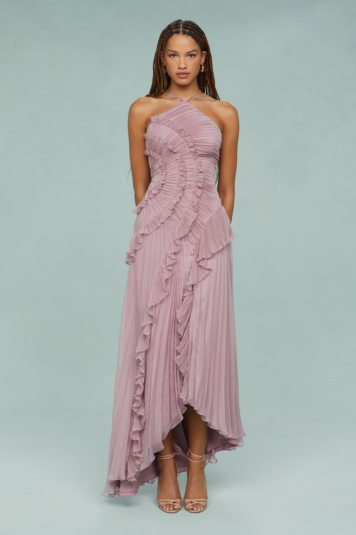 Paige | Dames Plissé Volant Halterneck Midi Jurk