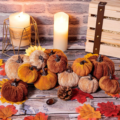 Herfstpompoenen Set 12 Stuks – Velvet Decoratie in Herfstkleuren