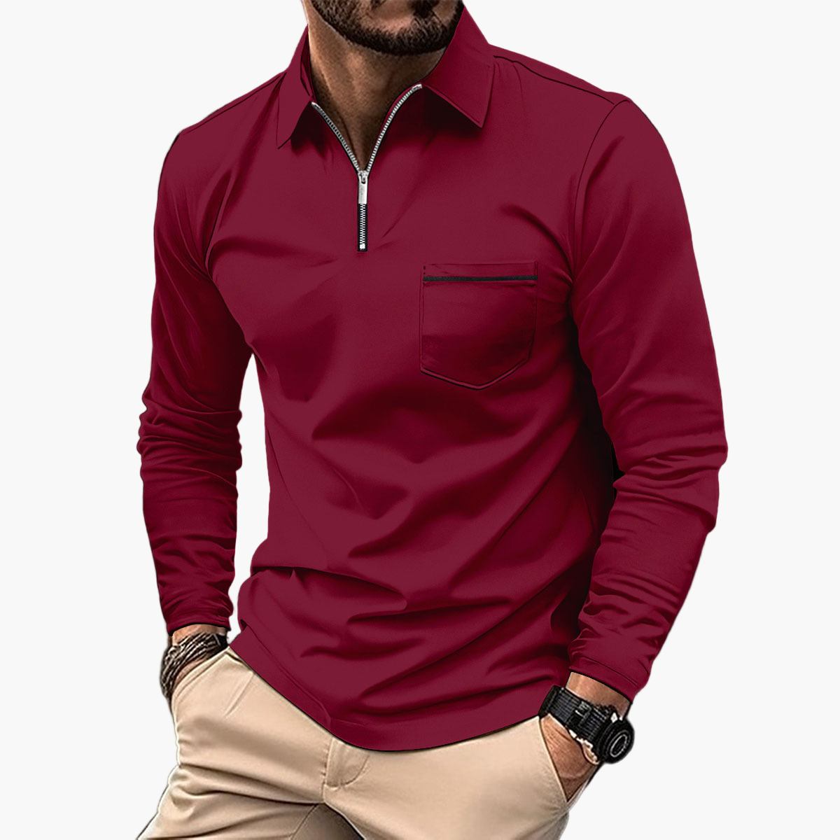 Heren Poloshirt met Lange Mouwen en Borstzak – Klassiek en Elegant voor Vrije Tijd en Werk