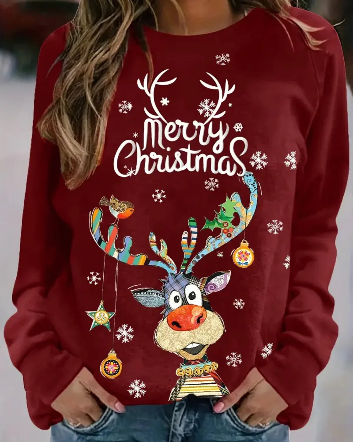 Dames Kersttrui – Feestelijke Trui met Rendierprint en Ronde Hals