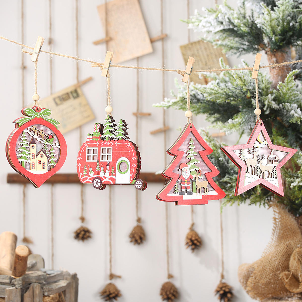 Kersthoutje – Houten Kerstornament Warm Wit met Ophangkoord