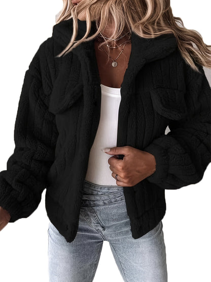 Dames teddyjack met kraag en borstzakken, fluffy warme jas