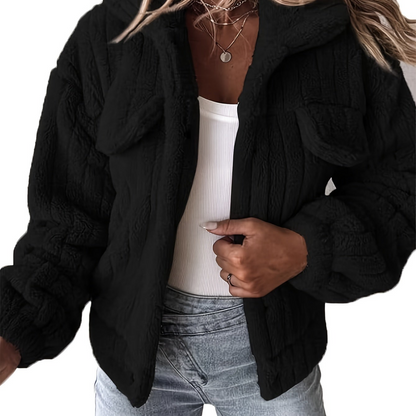 Dames teddyjack met kraag en borstzakken, fluffy warme jas