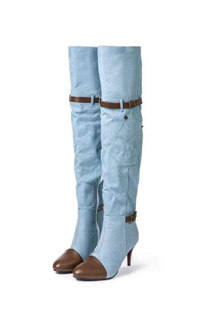 Livia Dames Jeanslaarzen Kniehoog met Hak – Blauwe Streetstyle