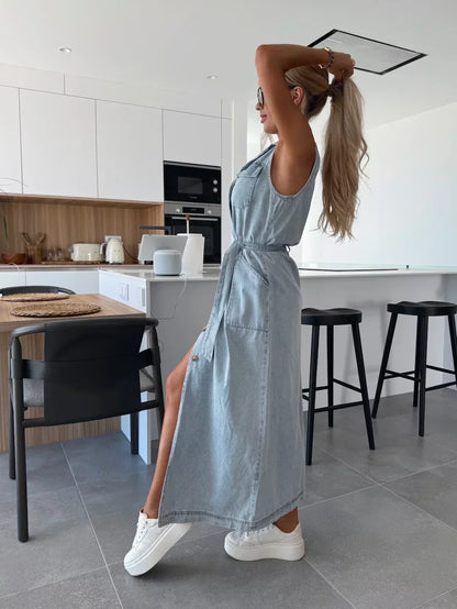 Glamoure Zomerse Haven Denim Doorknoopjurk Mouwloos Losvallend
