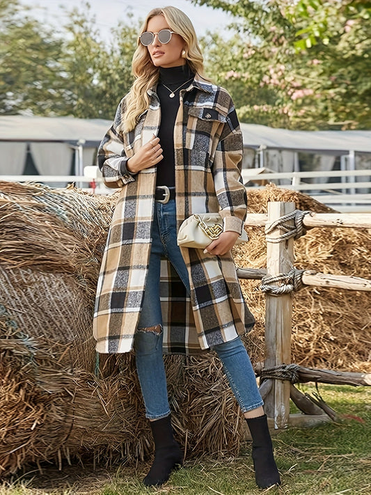 Lange Damesblouse Geruit met Knoopsluiting en Twee Borstzakken