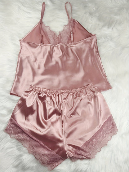 Dames Pyjamasset Met Kantdetail – V-hals Loungewear Voor Lente en Zomer