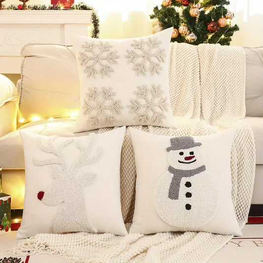 Kerst Kussenhoes met Sneeuwpop en Rendier – Geometrisch Patroon