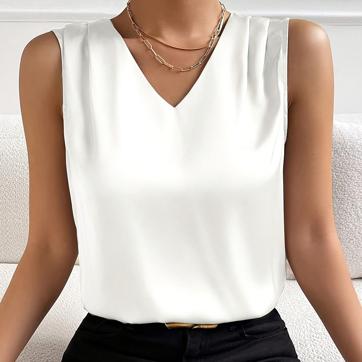 Dames Elegante Mouwloze V-hals Blouse voor Kantoor en Feest