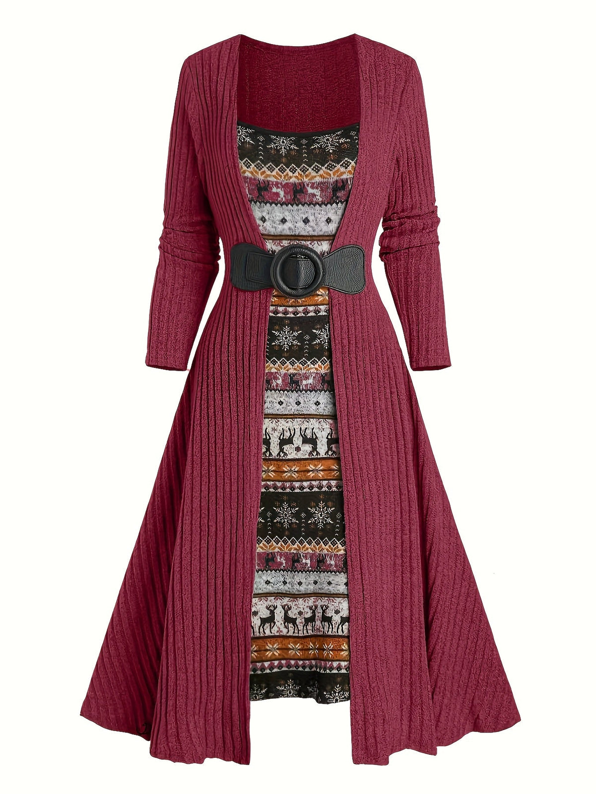 Geribbelde cardigan en jurkset met winterpatroon, lange model, riem