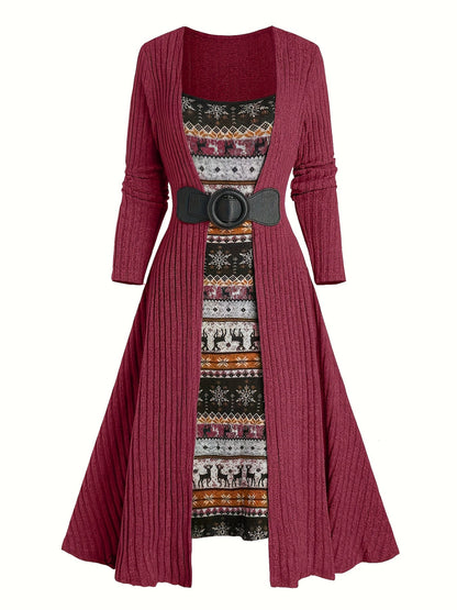 Geribbelde cardigan en jurkset met winterpatroon, lange model, riem