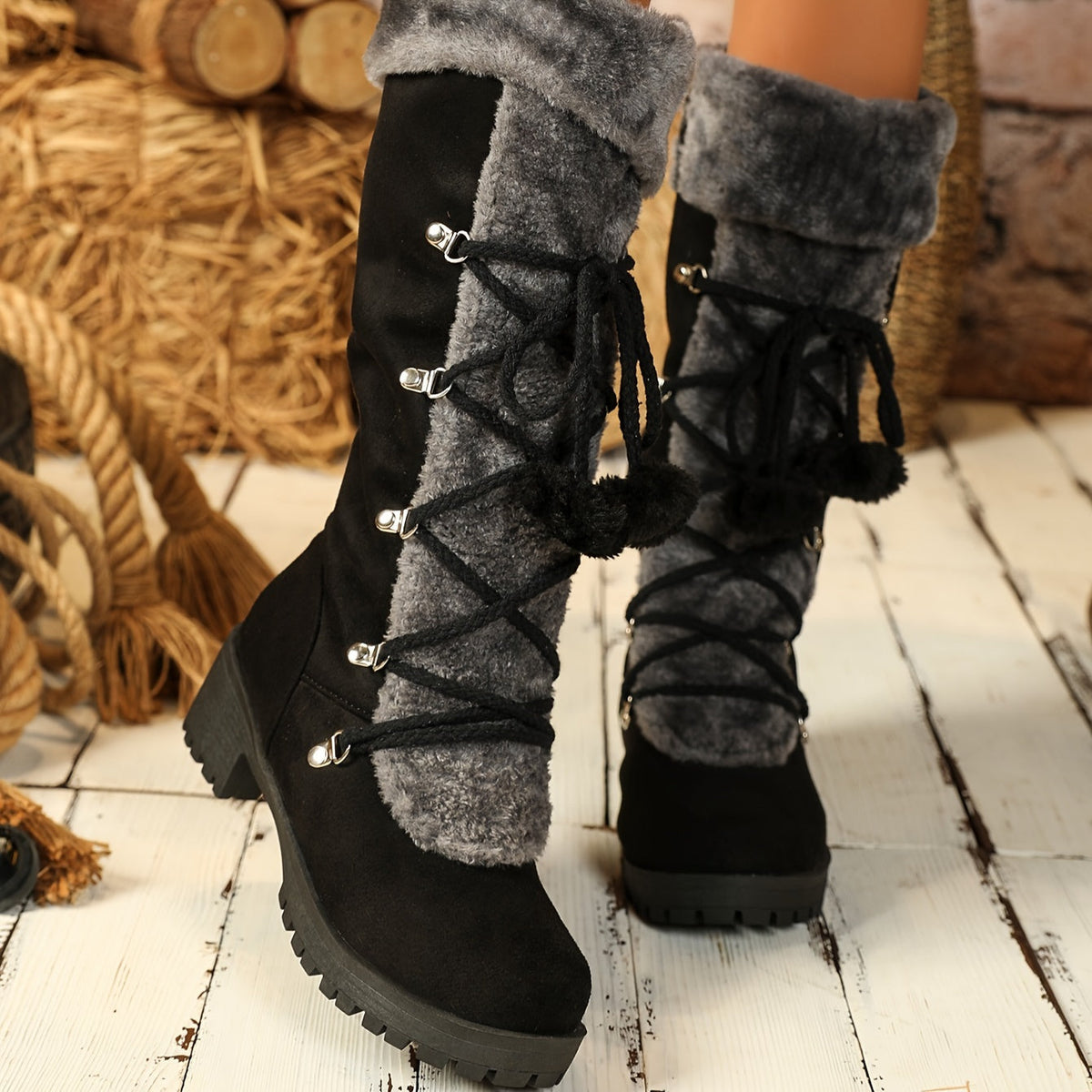 Damschoenen met nepbont en rits, zwart