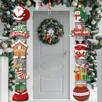 Vrolijk Kerst Hangende Deurbanner - Kerstman, Sneeuwman, Kerstboom, Peperkoekhuis
