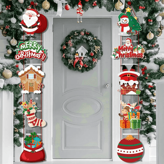 Vrolijk Kerst Hangende Deurbanner - Kerstman, Sneeuwman, Kerstboom, Peperkoekhuis