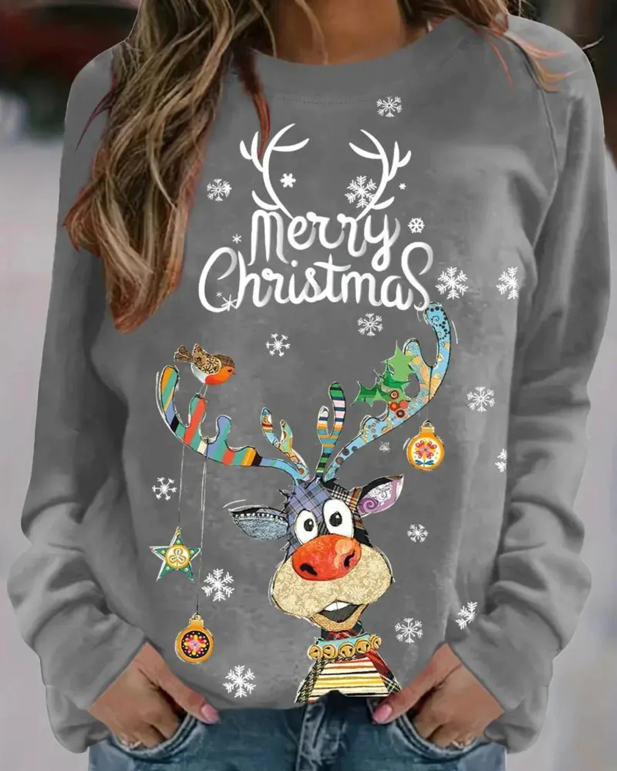 Dames Kersttrui – Feestelijke Trui met Rendierprint en Ronde Hals