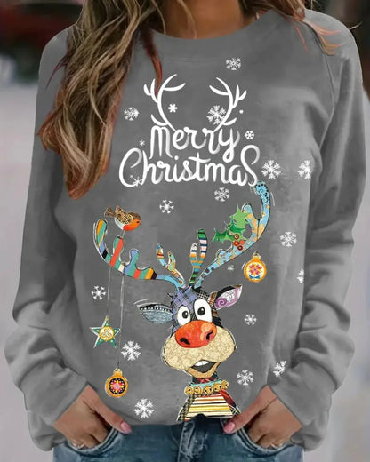 Dames Kersttrui – Feestelijke Trui met Rendierprint en Ronde Hals