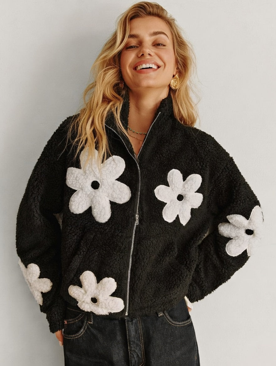 Floriviva Teddy Damesjas met Bloemenprint en Hoge Kraag