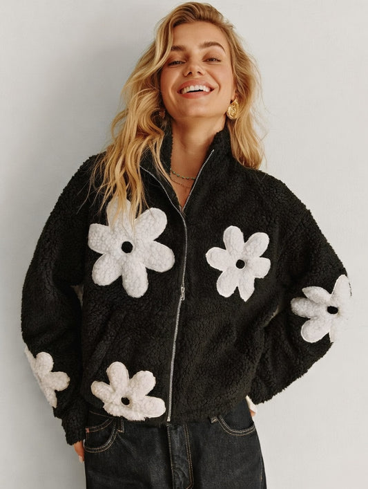 Floriviva Teddy Damesjas met Bloemenprint en Hoge Kraag
