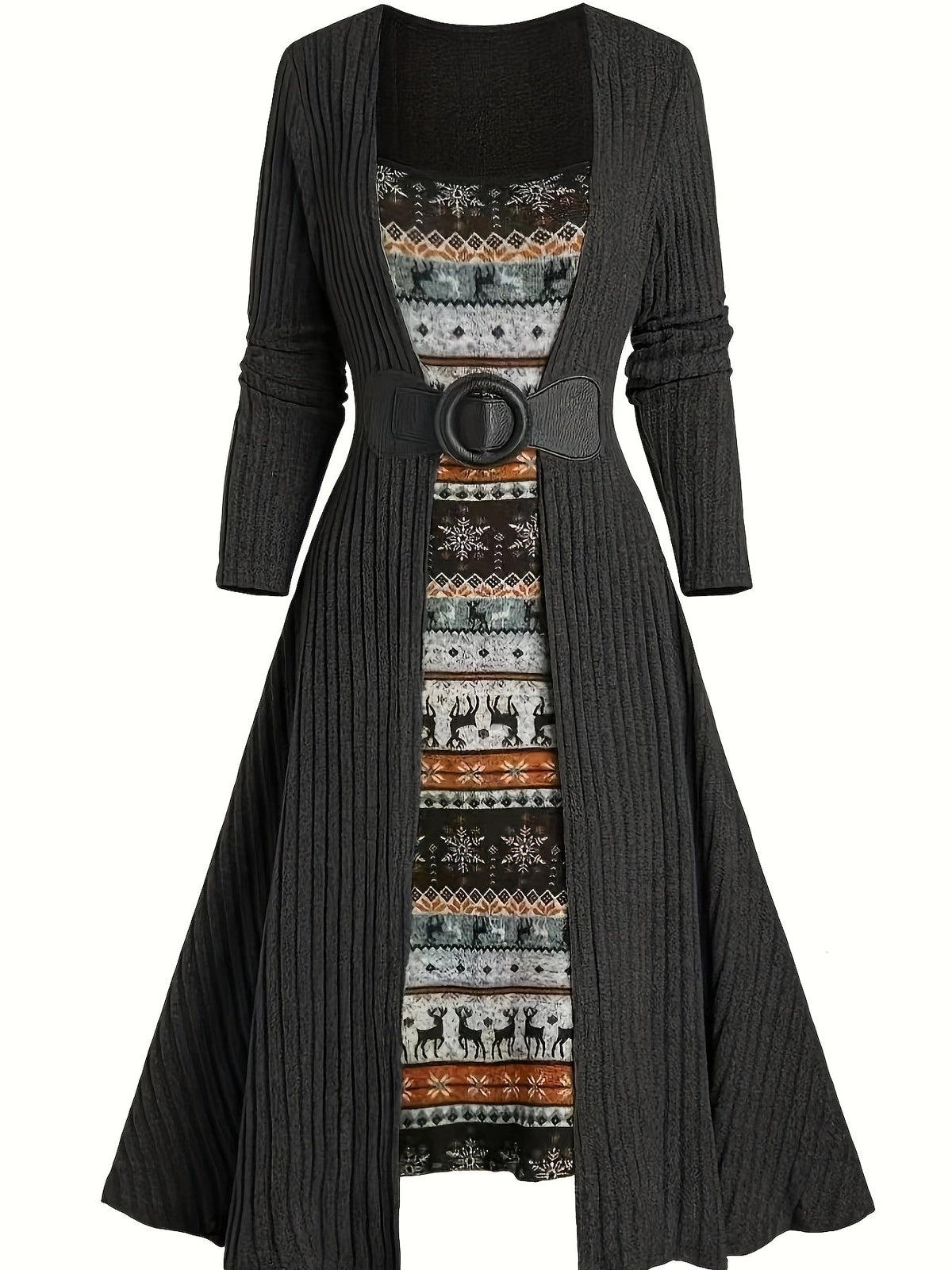 Geribbelde cardigan en jurkset met winterpatroon, lange model, riem