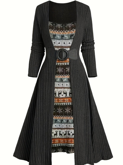 Geribbelde cardigan en jurkset met winterpatroon, lange model, riem