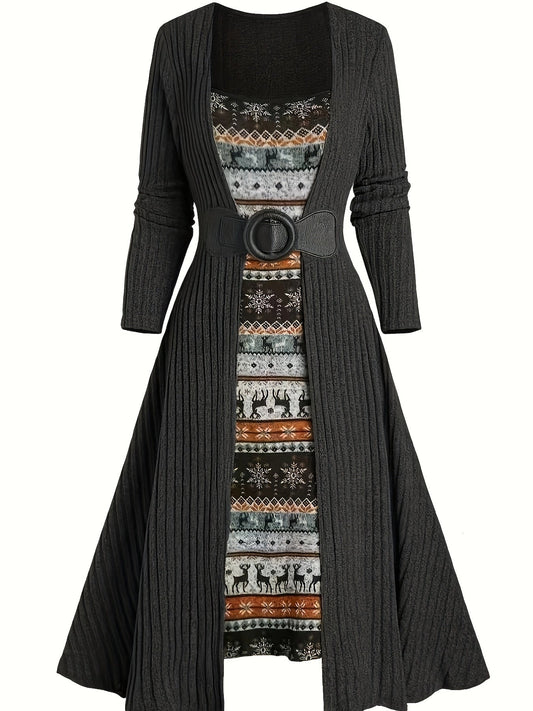 Geribbelde cardigan en jurkset met winterpatroon, lange model, riem
