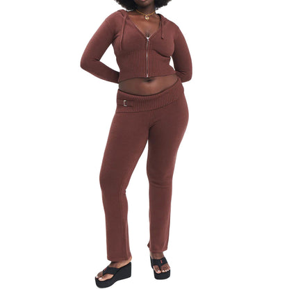 Ribbelora – 2-delige dames set met cropped hoodie en flared broek