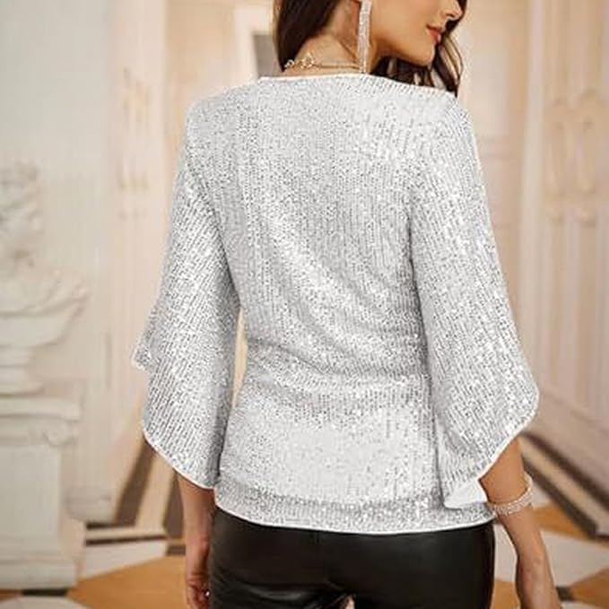 Feestglans – Damesblouse met Pailletten, V-hals en Splitmouwen
