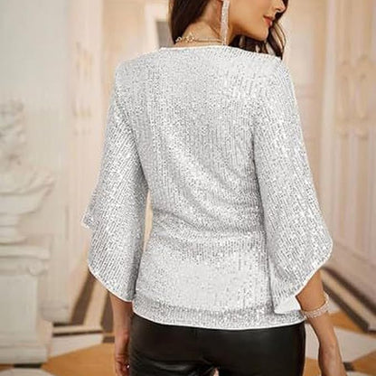 Feestglans – Damesblouse met Pailletten, V-hals en Splitmouwen