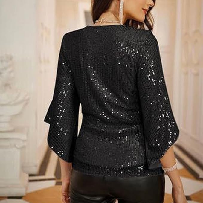 Feestglans – Damesblouse met Pailletten, V-hals en Splitmouwen