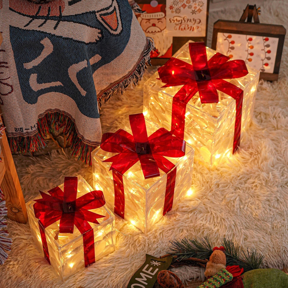 KerstGloed Verlichte Geschenkdozen Set van 3 met LED