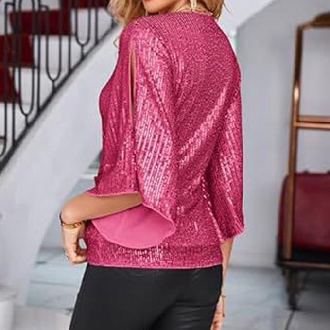 Feestglans – Damesblouse met Pailletten, V-hals en Splitmouwen