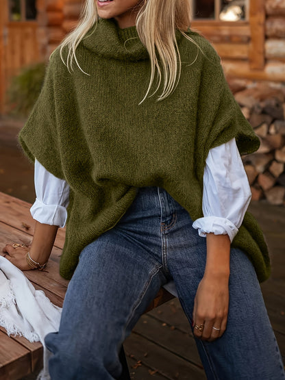 Gebreide poncho-top met polokraag en korte mouwen, losse pasvorm