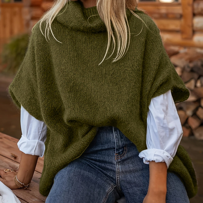 Gebreide poncho-top met polokraag en korte mouwen, losse pasvorm