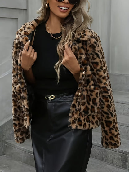 Leopardprint damesjas van nepbont met kraag en lange mouwen