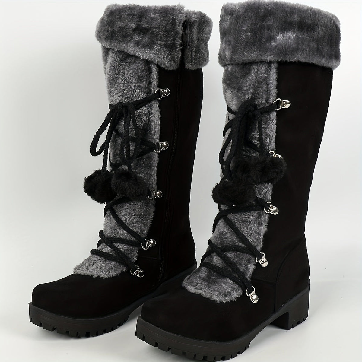 Damschoenen met nepbont en rits, zwart