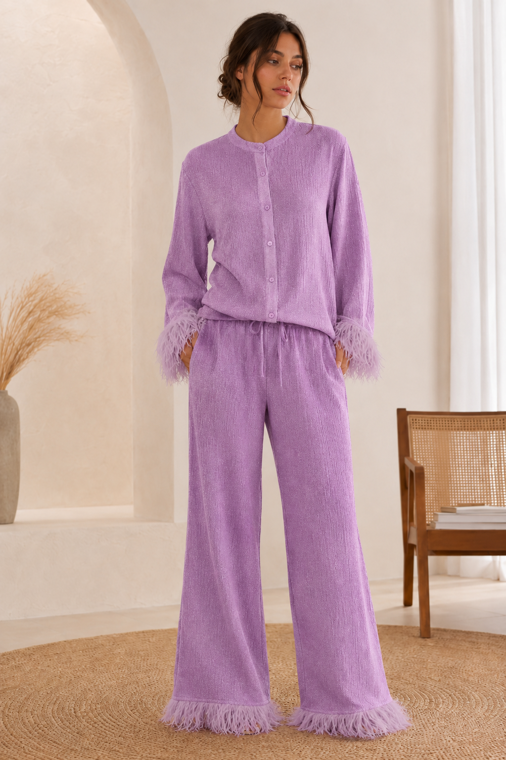 Saar Dames Glitter Set – Blouse en Wijde Broek met Veren