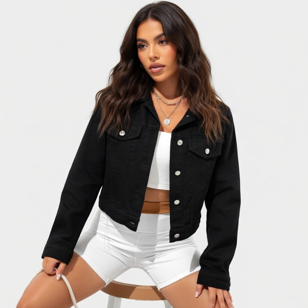 Denavie Dames Cropped Spijkerjack met Klassieke Kraag