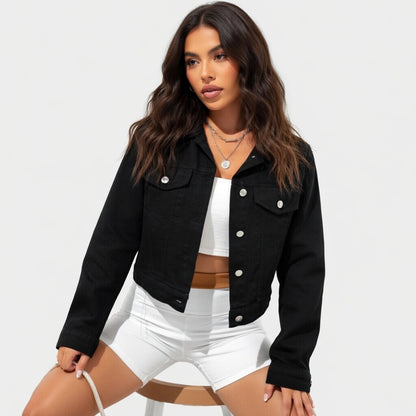 Denavie Dames Cropped Spijkerjack met Klassieke Kraag