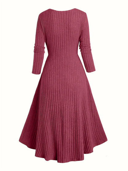 Geribbelde cardigan en jurkset met winterpatroon, lange model, riem